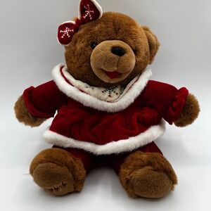 Dan Dee Christmas Plush Bear Unisex OS Brown Excellent 2004 Red Velvet Dress Bow